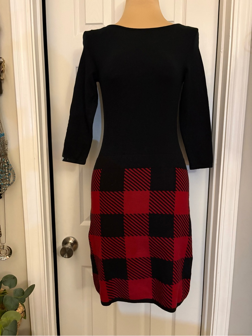 Ralph Lauren Black and Red Plaid Midi Knit Dress